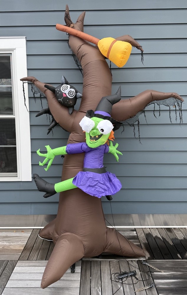 Gemmy 8ft Animated Halloween Inflatable with Witch Owl and Broom Airblown Decor VIDEO