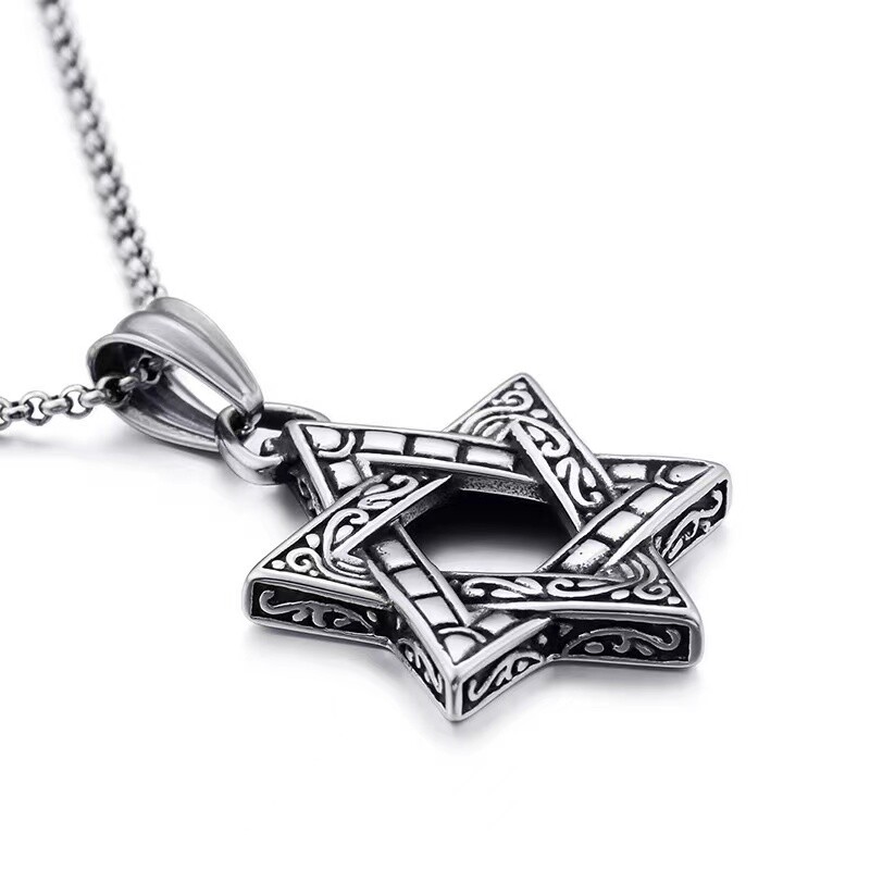 Mens Hexagon 6 Point Star Of David Pendant Necklace Stainless Steel