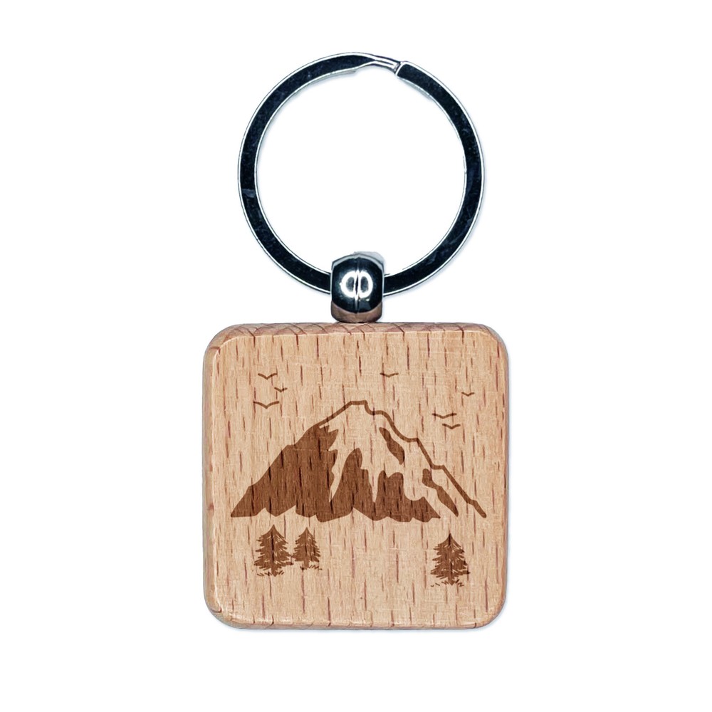 Mountain Landscape Engraved Wooden Square Keychain Charm Tag