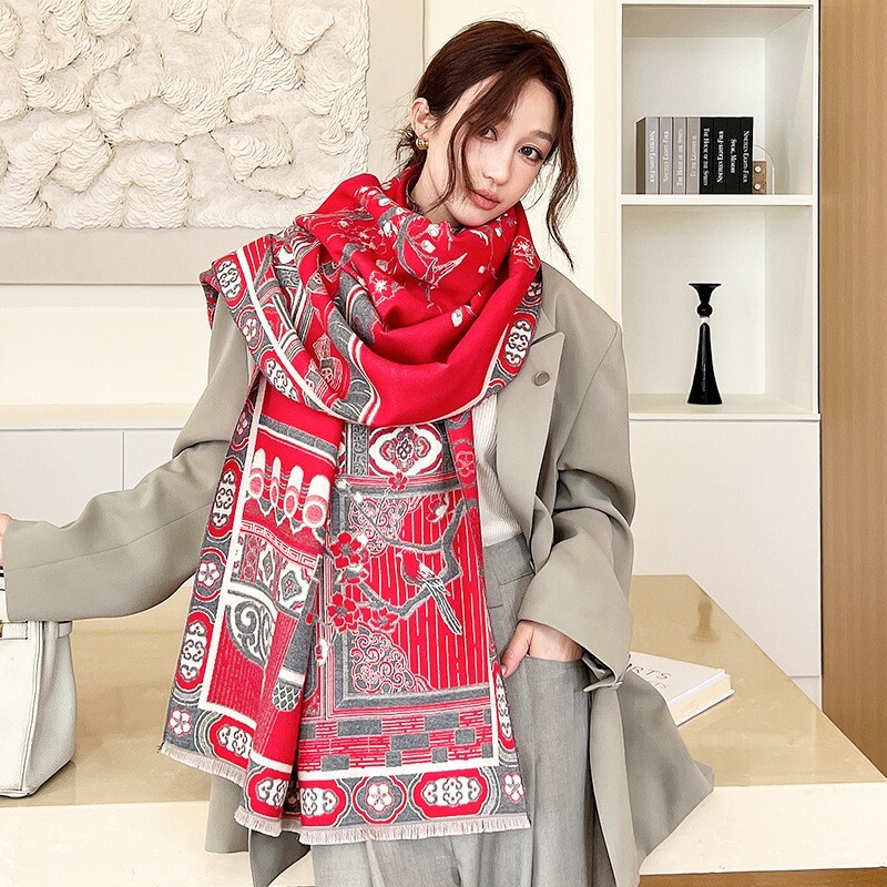 Faux Cashmere Large Rectangle Scarf Women Vintage Flower Shawl Winter 190*65cm