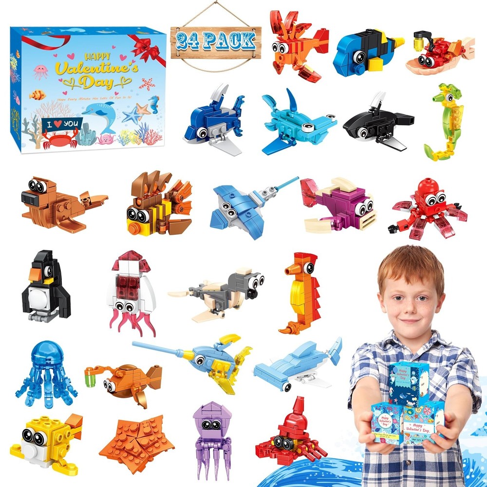 Paquete de 24 - Regalos de San Valentín para Niños Aula, Animales Marinos Construcción Blo...