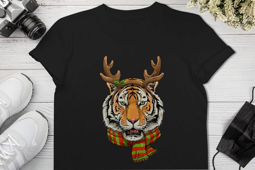 Camiseta Tigre Navidad Reno Cuernos Tigre Navidad