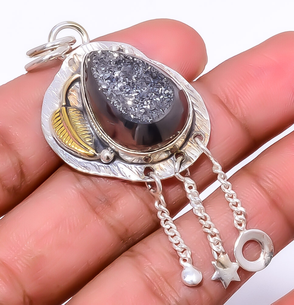 Titanium Carbon Agate Drusy 925 Sterling Silver Two Tone Leaf Pendant 2.34