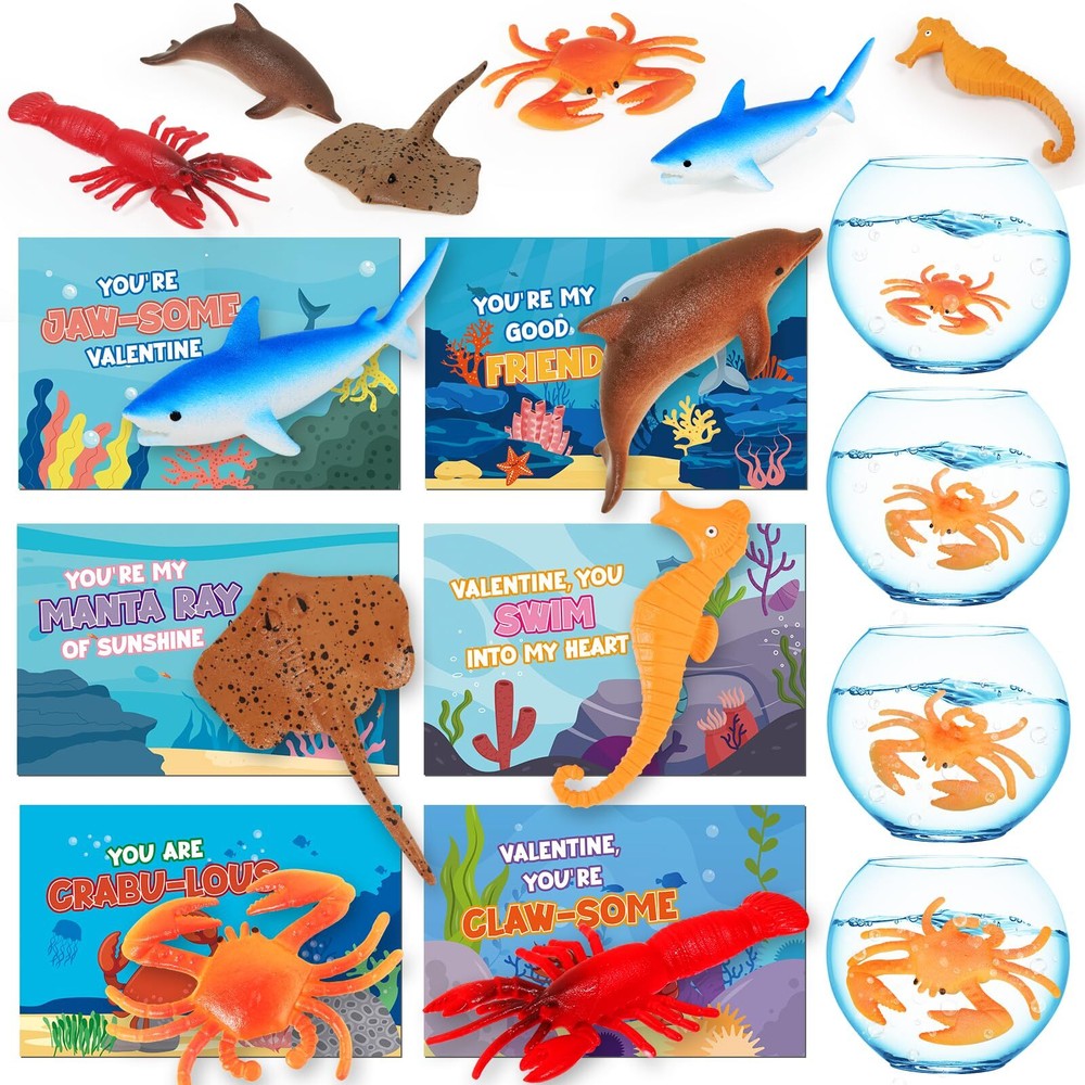 Valentines Day Cards for Kids with 24 Expandable Sea Animal Toys Ocean Creatures Fun Party Favors  