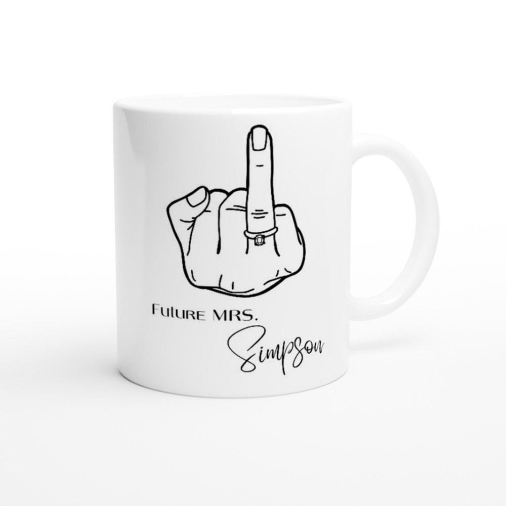 Personalized Future Mrs. White 11oz Ceramic Mug. Custom Name Mug. Ring Finger Mu