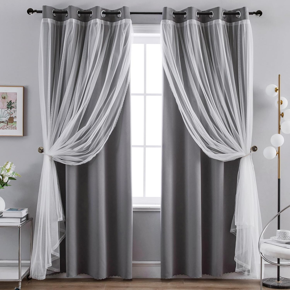 Home Curtains Blackout and Sheer Layered Solid Window Curtain Panel Pair with Gr
