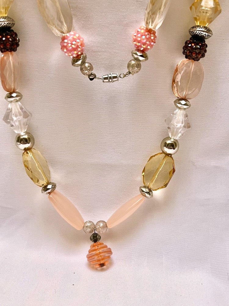 Vintage Pink Necklace Sugar Beads Clear, Amber, Metal Filigree,  Ships Free N12