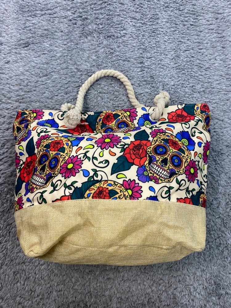 Tavisto Sugar Skull Beach Bag Graphic Floral Goth Rope Handle Canvas Tote