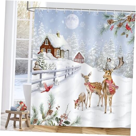 Christmas Deer Shower Curtain, Xmas Cardinals on Pine Branches Winter Forest