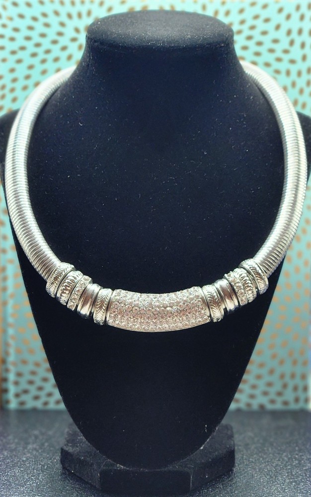 VTG snake omega silver tone rhinestone pendant bar choker necklace