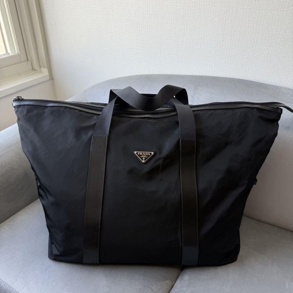 Prada Black Nylon Triangle Plate Boston Bag Spacious Large Capacity