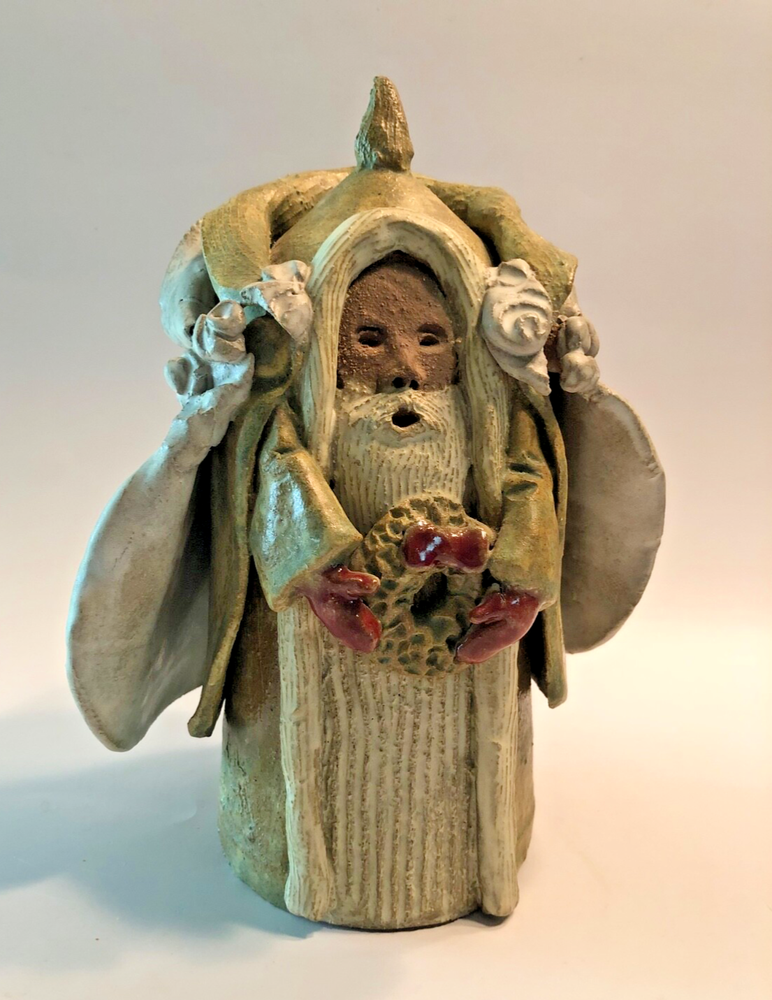 Handcrafted Clay Pottery Signed Santa Figurine Sculpture Primitive