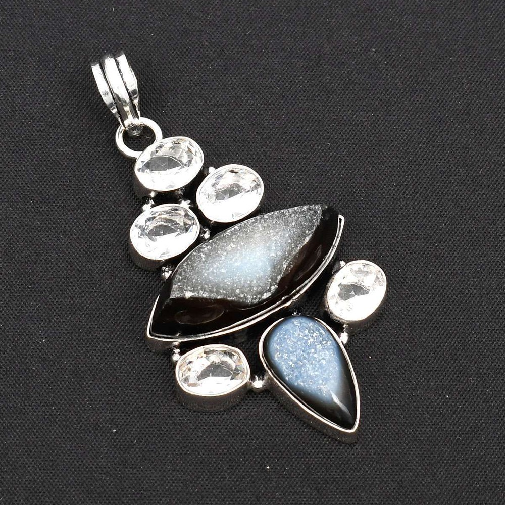 White Topaz Black Onyx Druzy Gemstone Handmade Pendant Jewelry 2.56