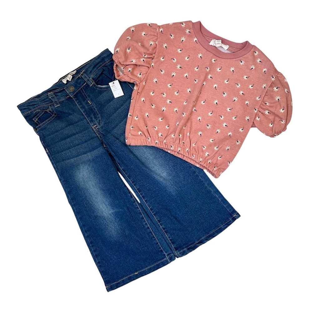 Jessica Simpson Girls Denim Wide Leg Jeans Floral Top Outfit Size 4  