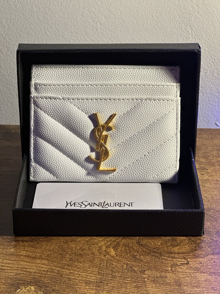 YSL Saint Laurent Cassandre White Quilted Leather Card Holder with Gold Logo
