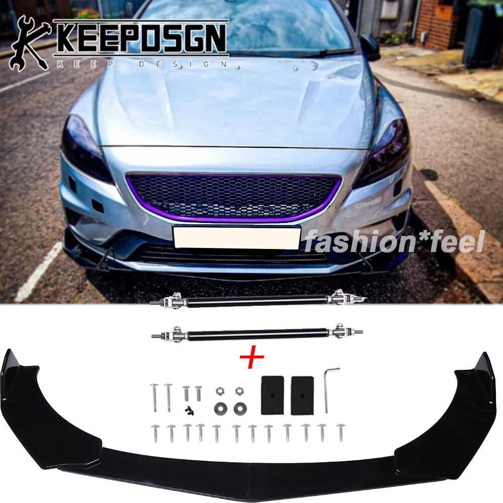 Volvo V40 S60 S40 Glossy Black Front Bumper Lip Spoiler with Splitter Strut Rods
