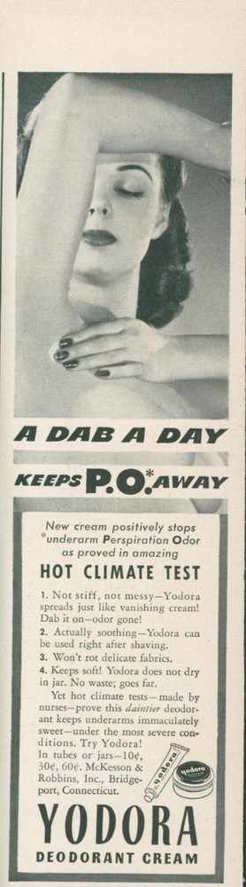 1942 Yodora Deodorant Cream A Dab A Day Keeps PO Away Vintage Print Ad L24