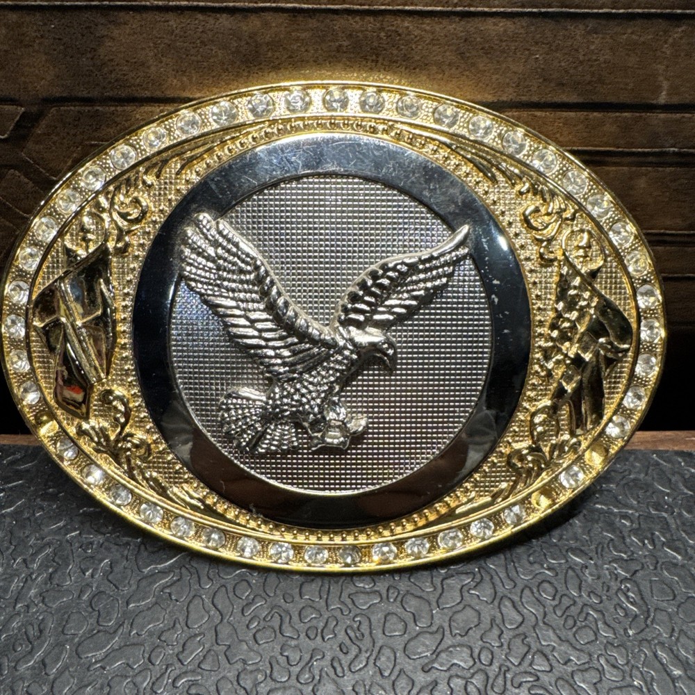 VTG Eagle Western Belt Buckle  Silver Gold Tone Large Missing 3 Rhinestones