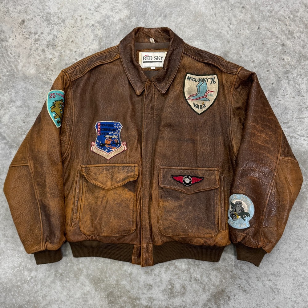 Vintage Red Sky leather jacket mens Medium Avirex A2 style flight bomber brown