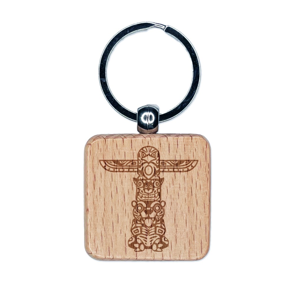 Totem Pole With Eagle Wolf and Bear Engraved Wood Square Keychain Tag Charm