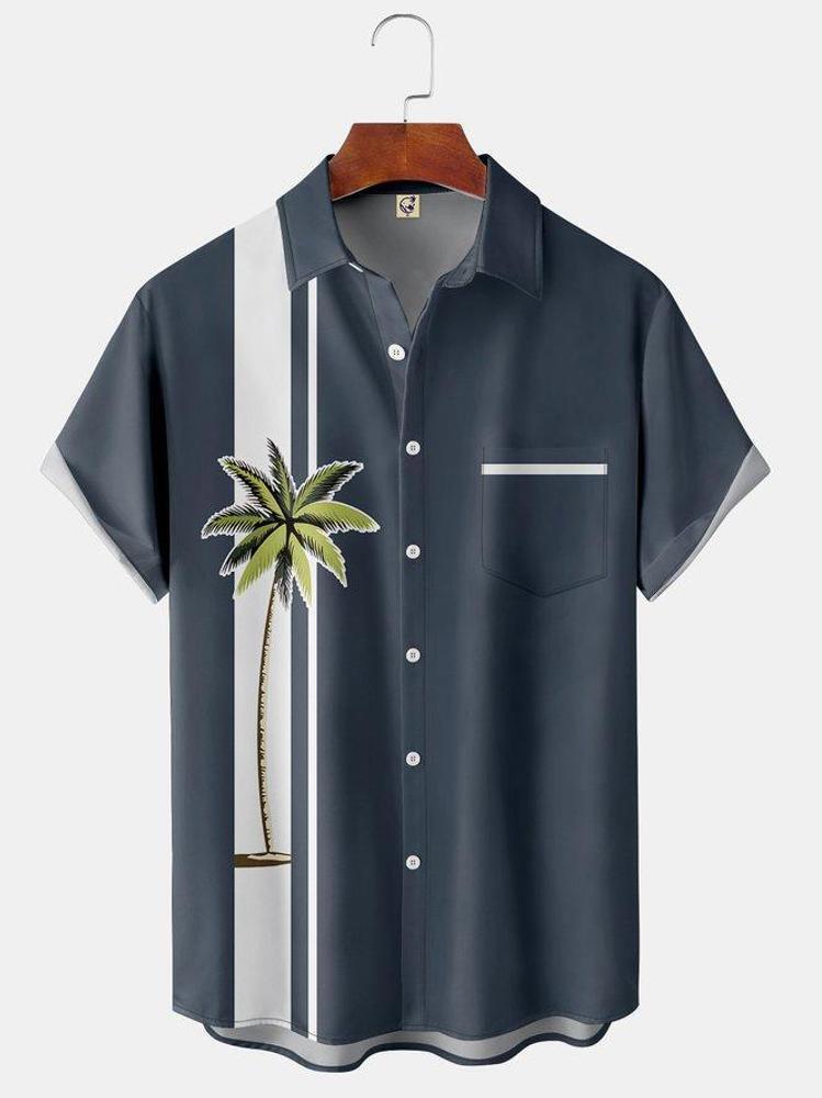 Menx27s Coconut Stripe Print Casual Breathable Hawaiian Pocket Short Sleeve Shir