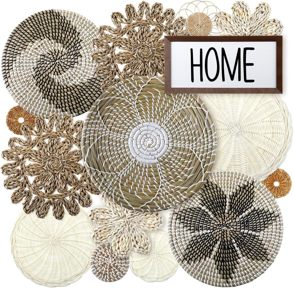 Xuhal 15 Pcs Boho Wall Basket Decor Hanging Woven Brown and White