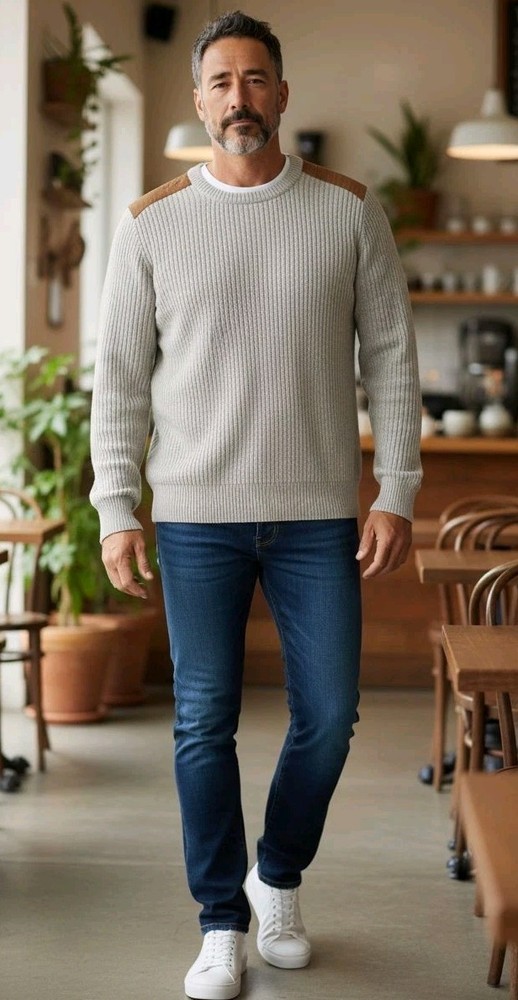 J Crew Sweater Adult XS Grey Brown Crew Neck Pullover Shoulder Patch Mens