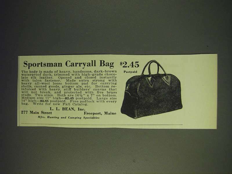 1936 L.L. Bean Vintage Sportsman Carryall Bag Classic Outdoor Gear Ad