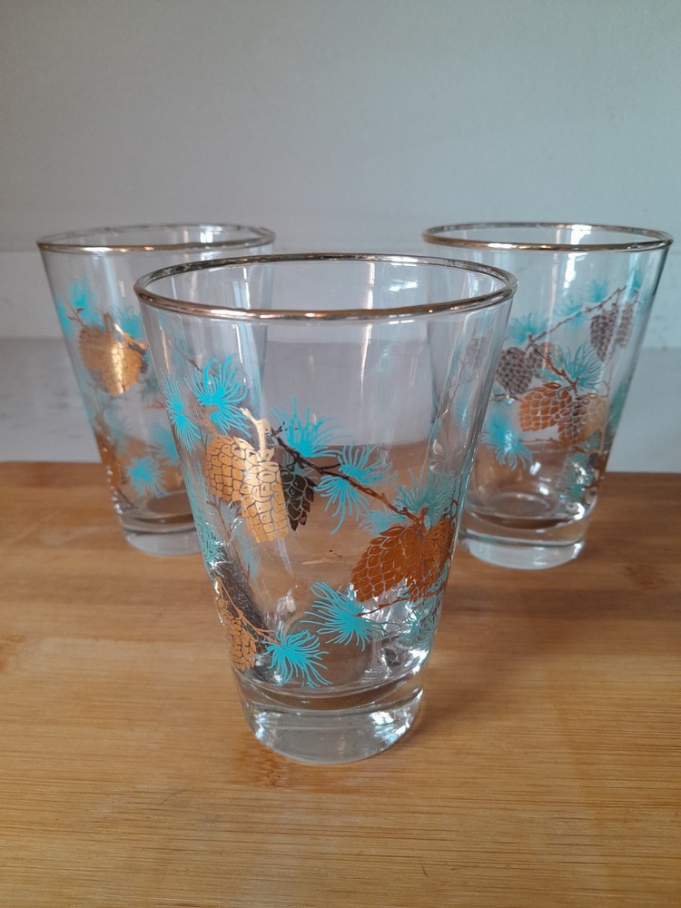 MCM Libbey David Douglas Aqua Gold Acorn 4.5-Inch Lowball Cocktail Glasses