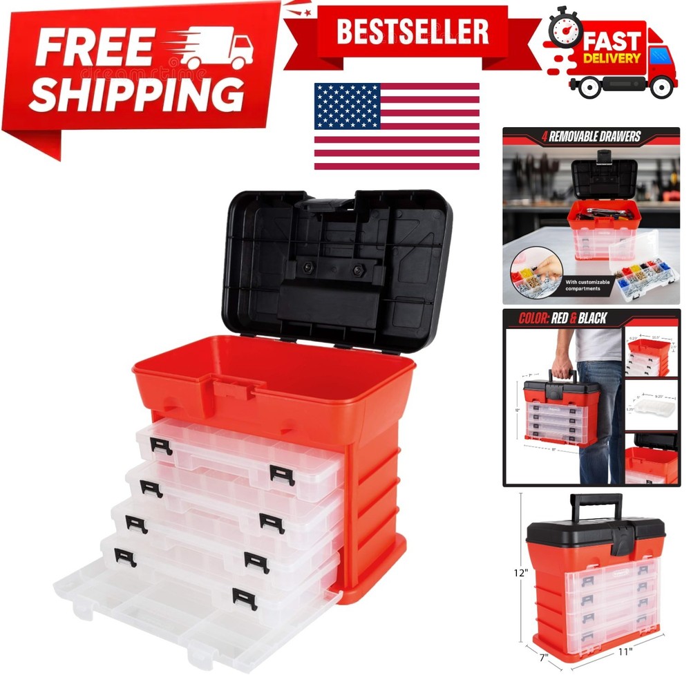 Portable Tool Storage Box - Small Parts Organizer with 4 Multi-Compartment Tr...
