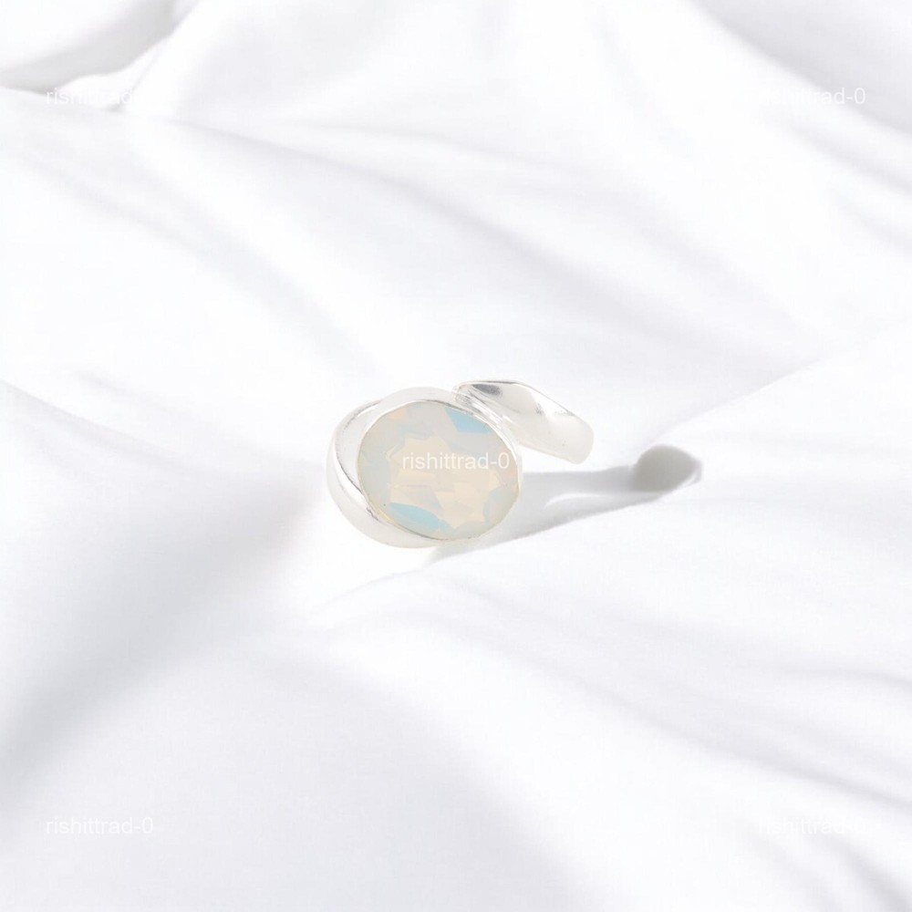 Oval Milky Opal Gemstone Sterling Silver Band Statement October Mother New Ring