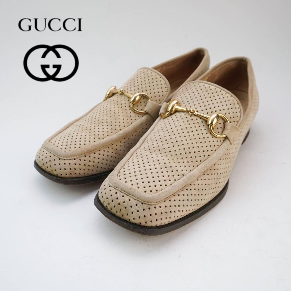 GUCCI Horsebit Loafers Beige Leather Gold Hardware US 7.5 Authentic From Japan RIN