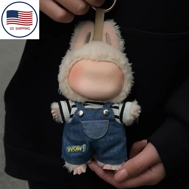 Labubu Doll Clothes Set - Cute Striped Tee & Denim Overalls