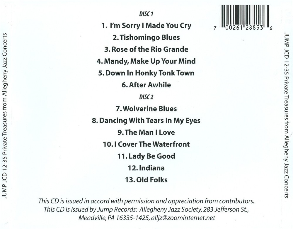 VARIOUS ARTISTS PRIVATE TREASURES FROM ALLEGHENY JAZZ CONCERTS 1950'S-2000 NEW C