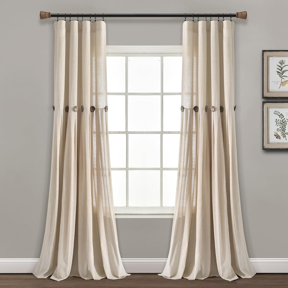 Linen Button Window Curtain Panel 40x84 Dark Linen Rustic Home Decor