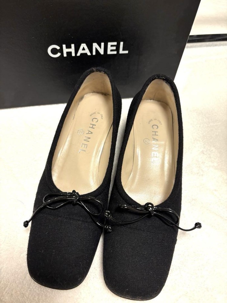Vintage CHANEL Black Wool Ballet Flats Chunky Heel EU 36.5 US 6.5-7