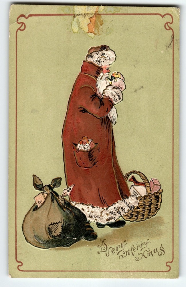 Santa Claus Christmas Postcard Old World Long Robe Smokes Pipe 1907 Germany