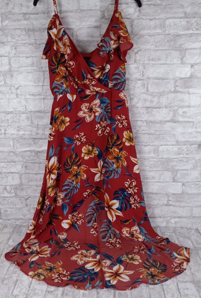 By & By Maxi Faux Wrap Dress Large Tropical Hawaiian Floral Resort Hi Low Hem
