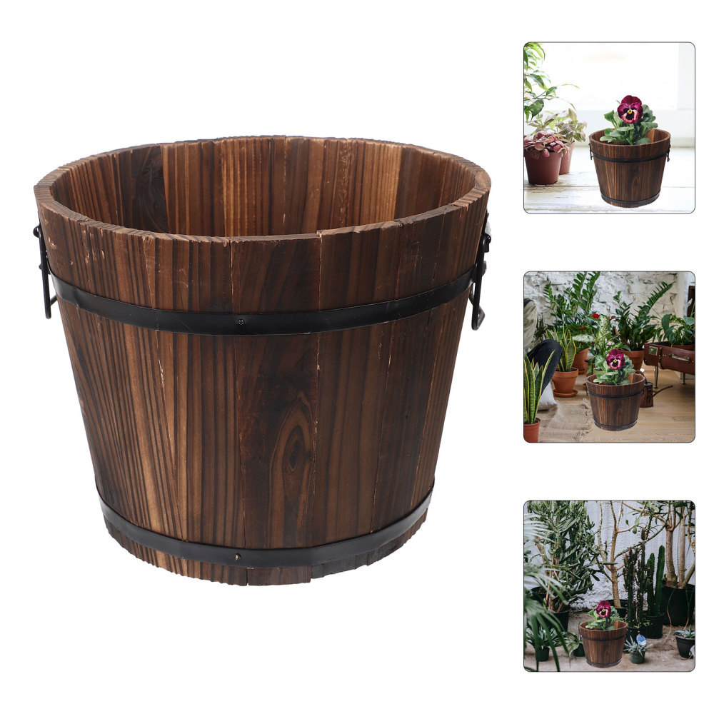 Large Wooden Bucket Wicker Carbonized Flowerpot Small Outdoor Decor