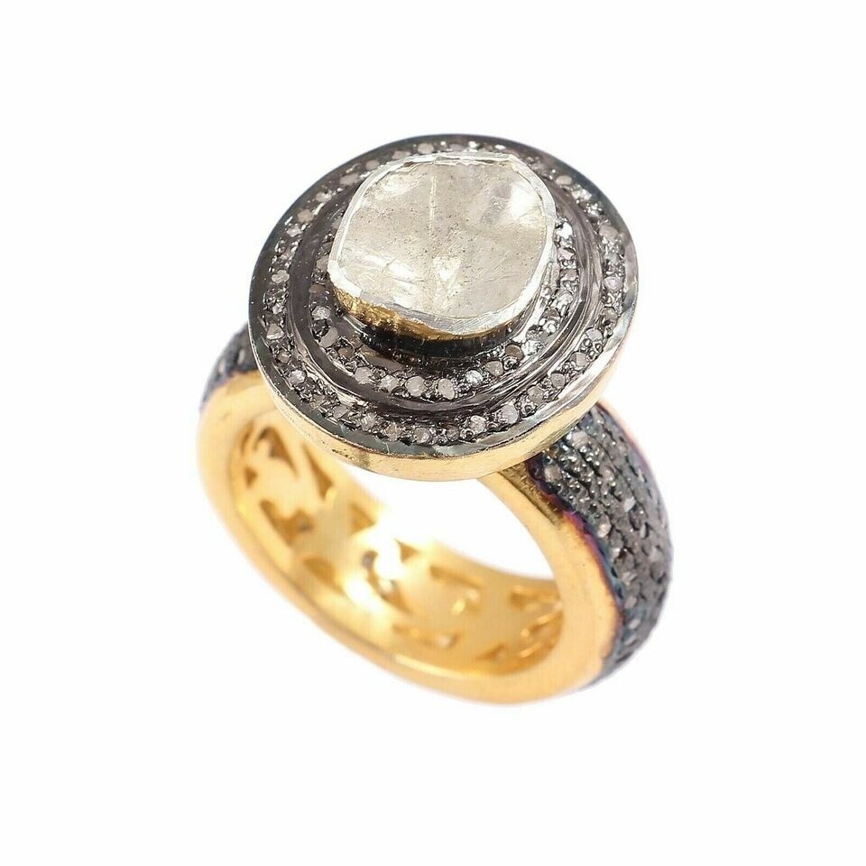 Real Polki Pave Diamond Victorian Ring in 925 Sterling Silver for Her Gift