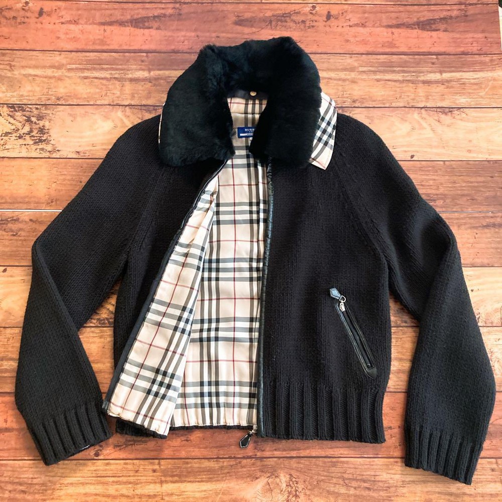 Burberry Knit Outer Black Nova Check Lining Fur Collar Size M