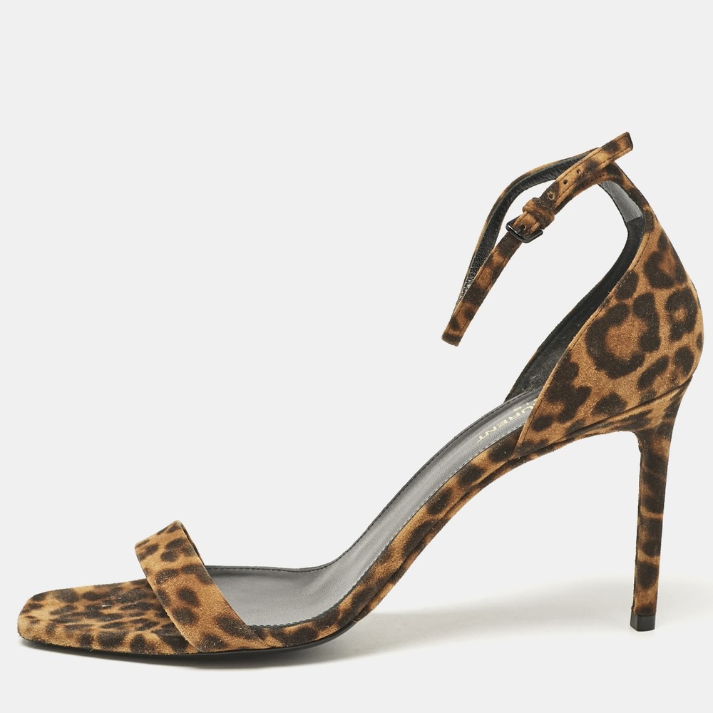 Saint Laurent Brown Leopard Print Suede Ankle Strap Sandals Size 42 EU