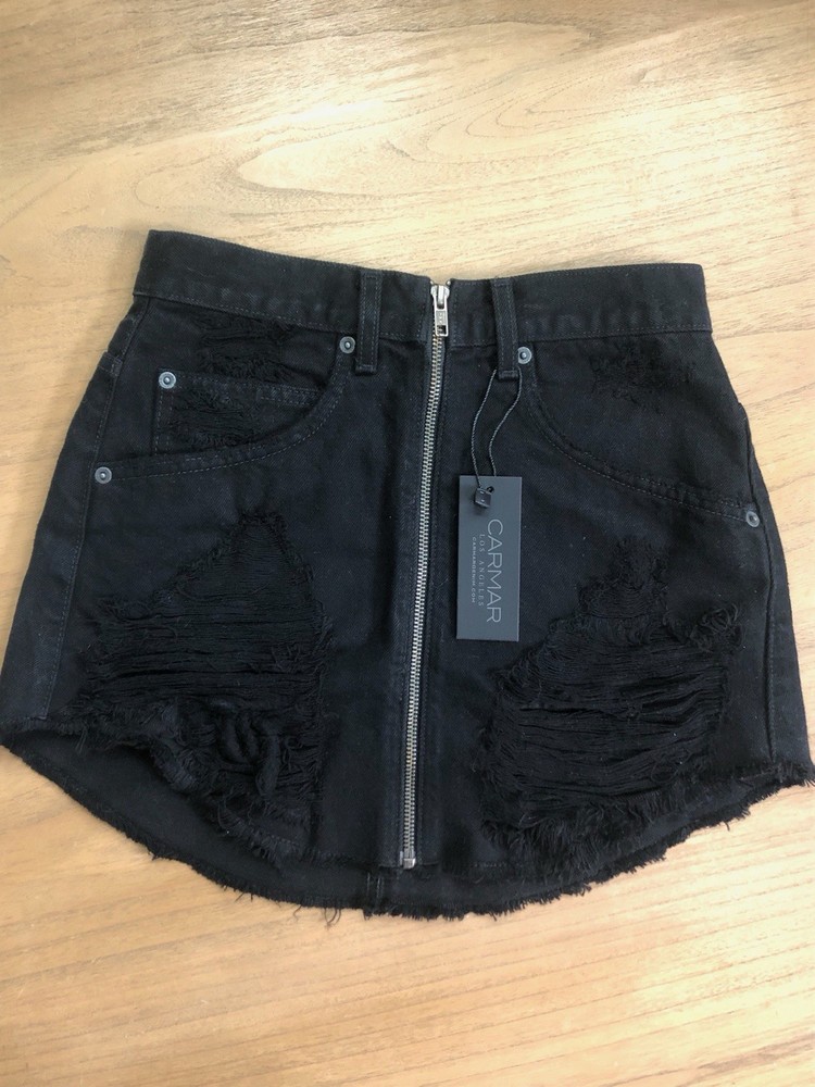 Black Frayed Hem Denim Skirt with Zipper - Size 26 by Carmar