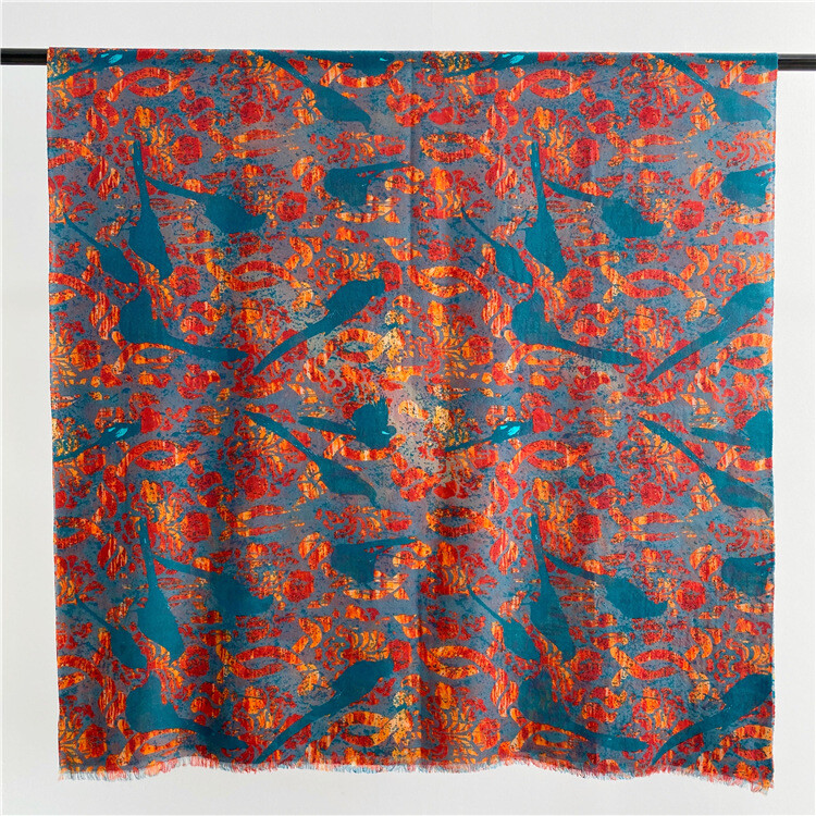 Pure 300s Cashmere Flaming Peacock Scarf Wrap Shawl Soft Orange Blue 78x39 Inches