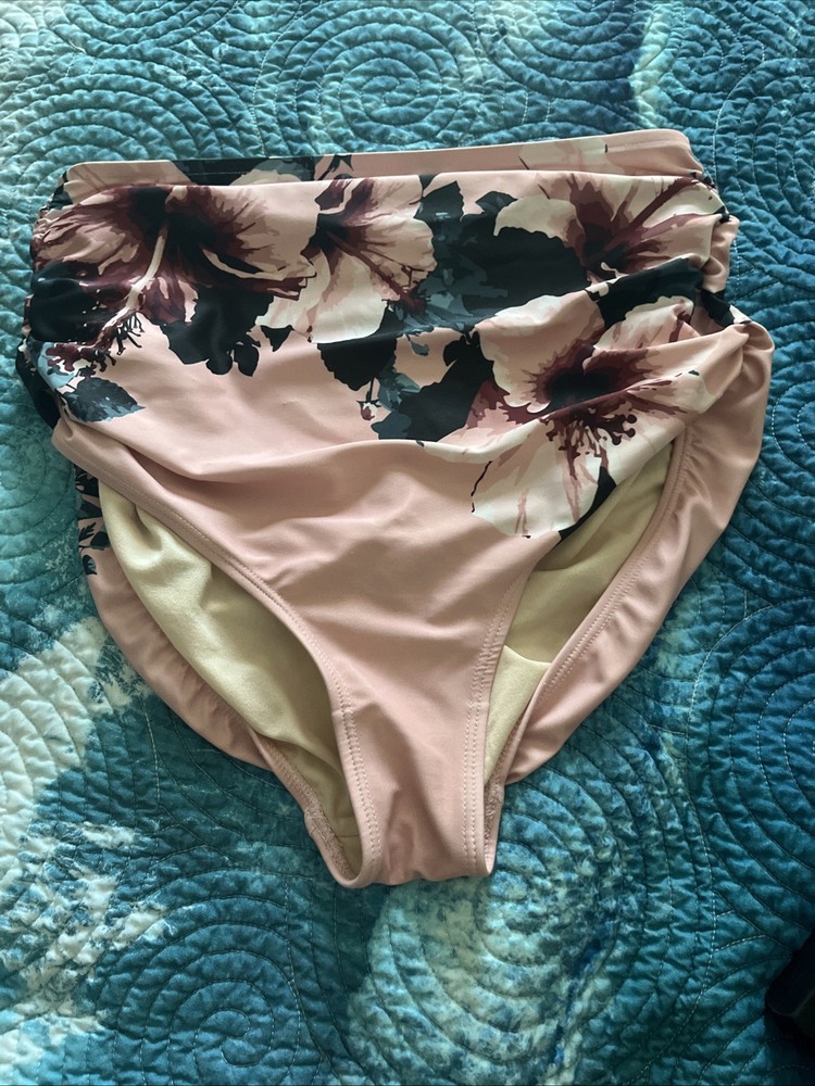 Albion Pink Floral Bronte Ruched High Waisted Women's Swimsuit Bottoms Size M
