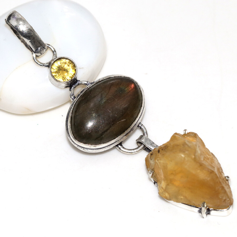 Citrine Rough Fiery Labradorite 925 Silver Plated Long Pendant 1.8