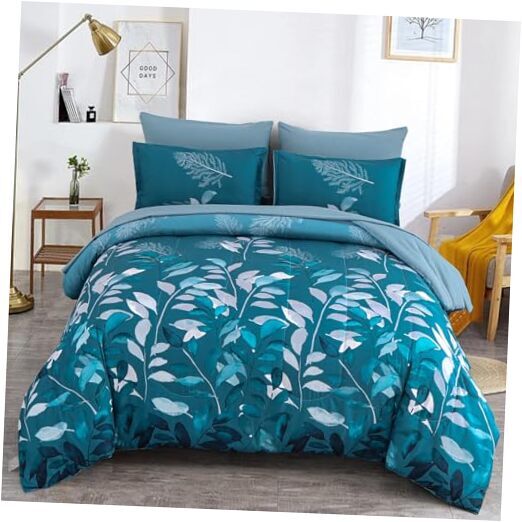 7 Pieces Botanical Comforter Set Size - Green Floral Bed in a Bag - Queen Teal