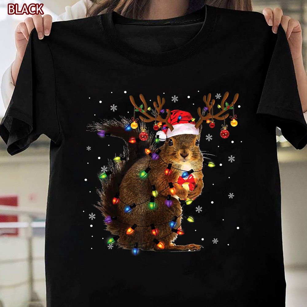 Squirrel Xmas Reindeer Lights Shirt, Cute Pajama Holiday Tee for Women Men