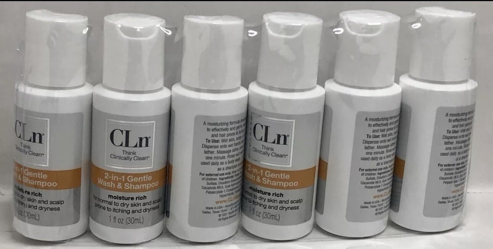 CLN 2-in-1 Gentle Wash & Shampoo Moisturizing Travel Size Pack of 6 (1oz)  
