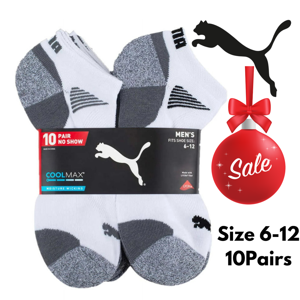 Puma Men's No Show Cool Max Moisture Wicking Socks 10Pairs, White Shoe Size 6-12